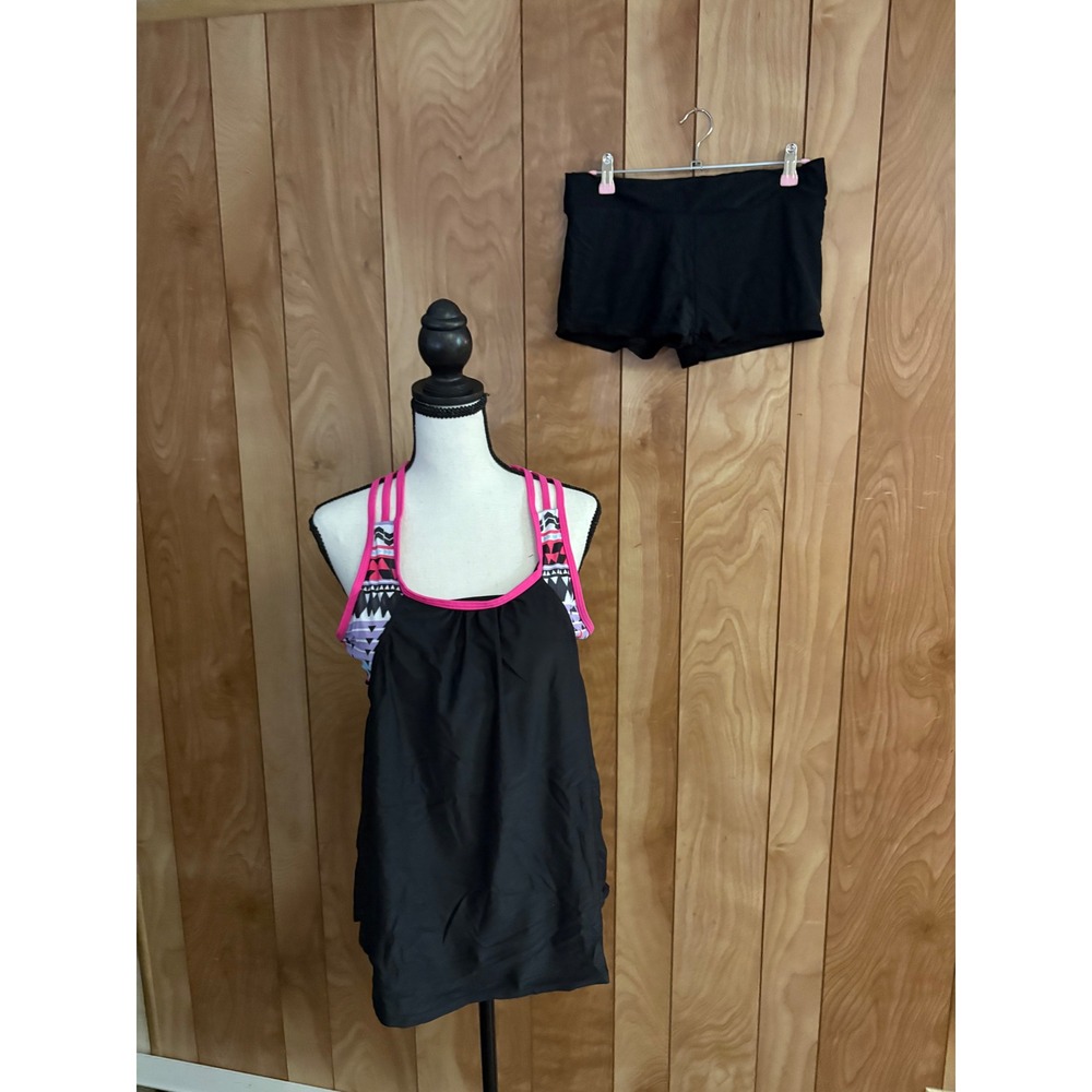 Womens Tankini‎ Swimsuit Set Black Striped T-Back Push Up Ruched Two Piece Large